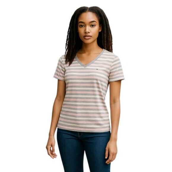 Tommy Hilfiger Medium V Neck Short Sleeve Striped T Shirt - Picture 1 of 6